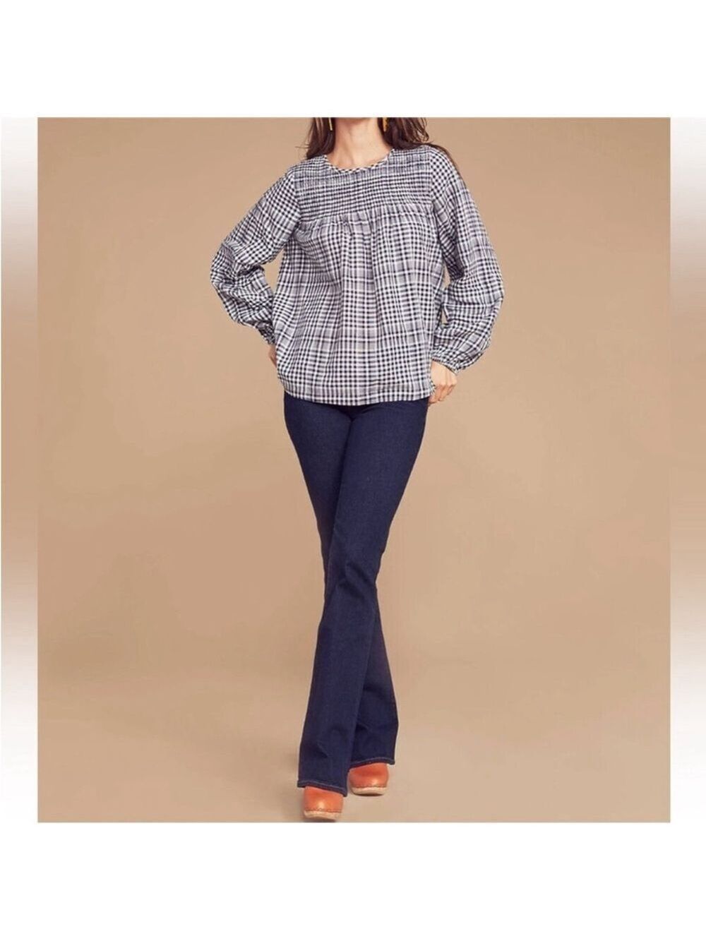 FAHERTY Marseilles Plaid smocked Blouse 100% organic cotton black white medium